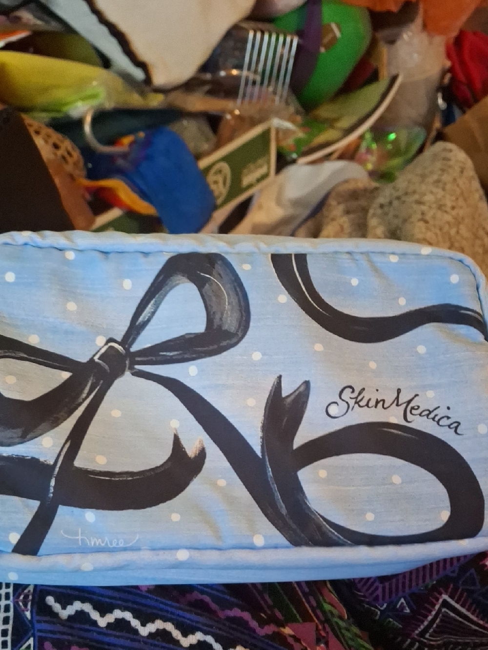 SkinMedica Light Blue Cosmetic Pouch with Black Bow Motif Padded